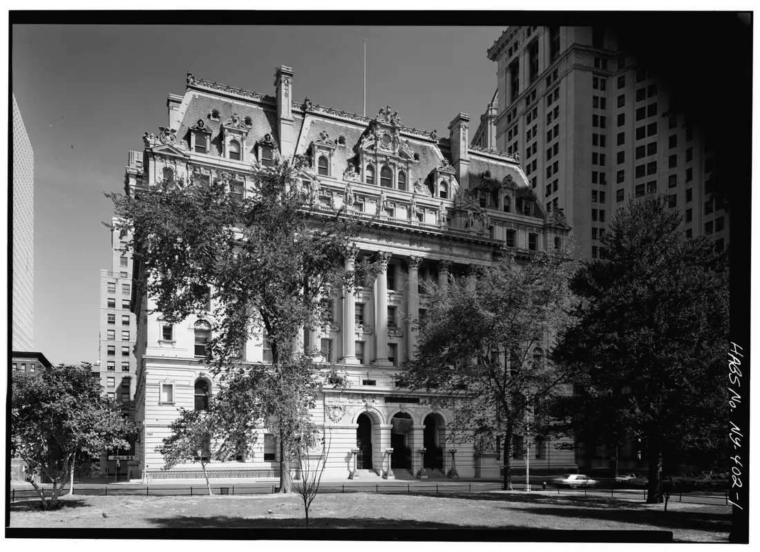 Large-format architectural survey photograph of the main elevation of the Surrogate's Court building at 31 Chambers Street, New York.