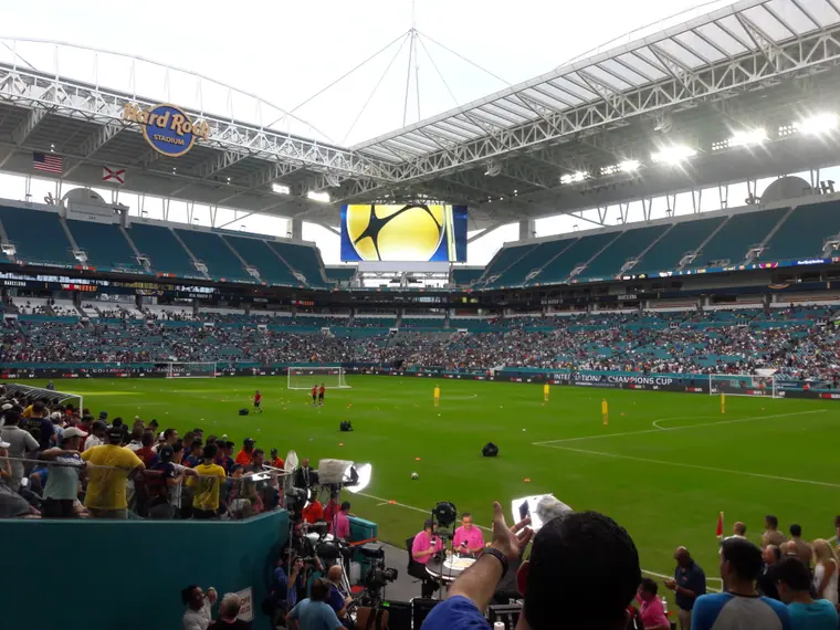 Exterior of Hard Rock Stadium in Miami Gardens, Florida, seen from the plaza.